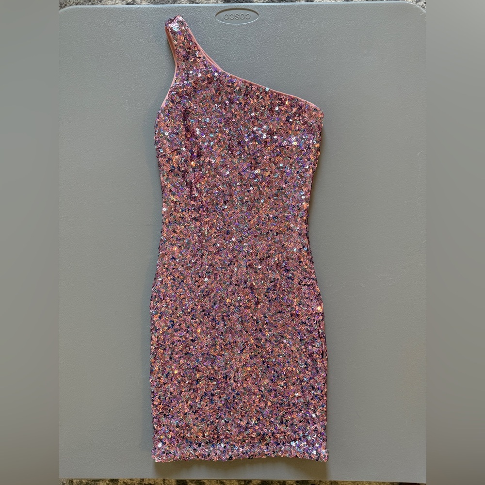 Lulu’s One Shoulder Pink Sparkly Dress